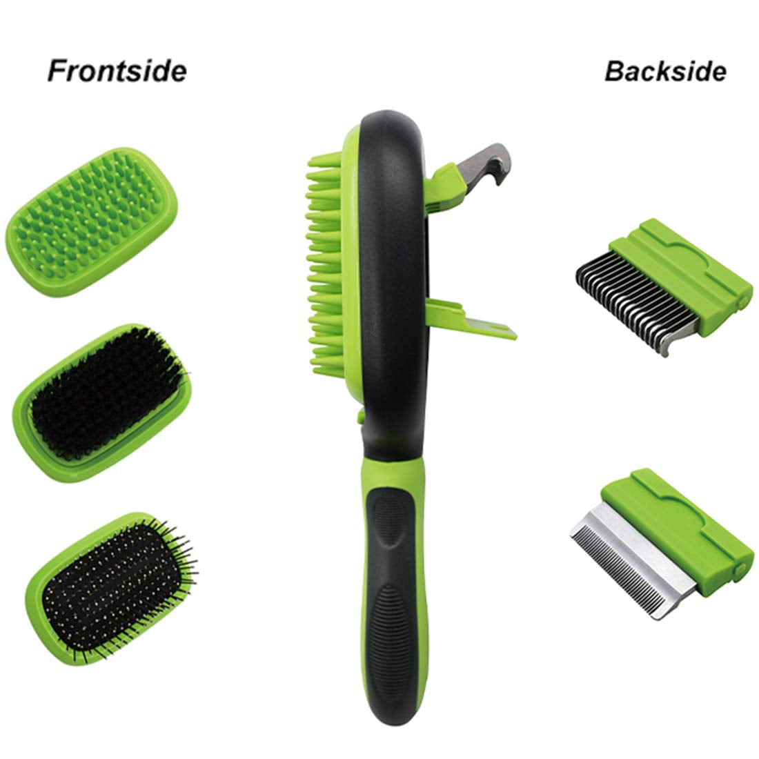 5-in-1 Professional Pet Grooming Comb Set for Dogs and Cats - Includes Massage Brush, Pin Brush, Bristle Brush, Hair Removal Comb, and Open Knot Comb in Green