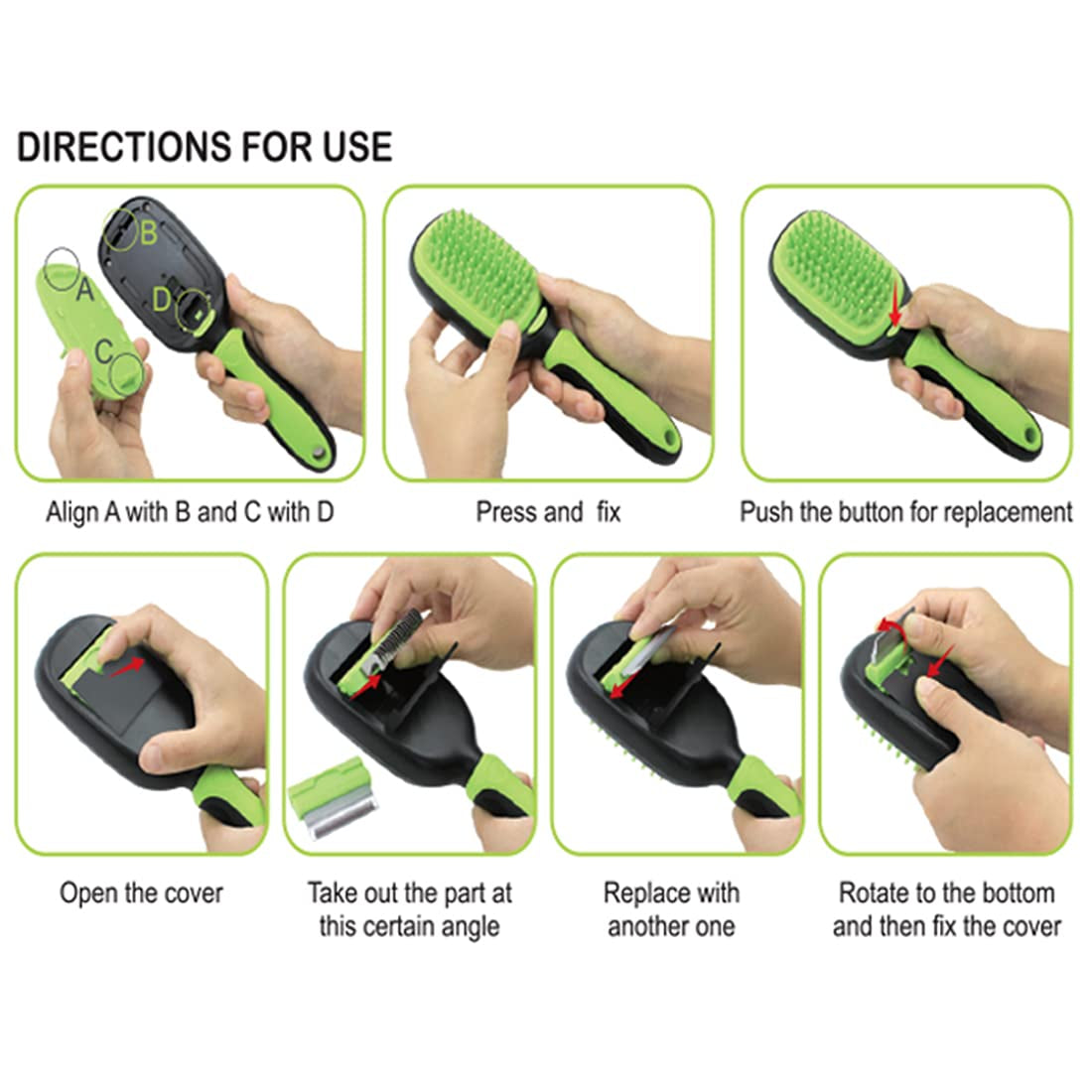 5-in-1 Professional Pet Grooming Comb Set for Dogs and Cats - Includes Massage Brush, Pin Brush, Bristle Brush, Hair Removal Comb, and Open Knot Comb in Green