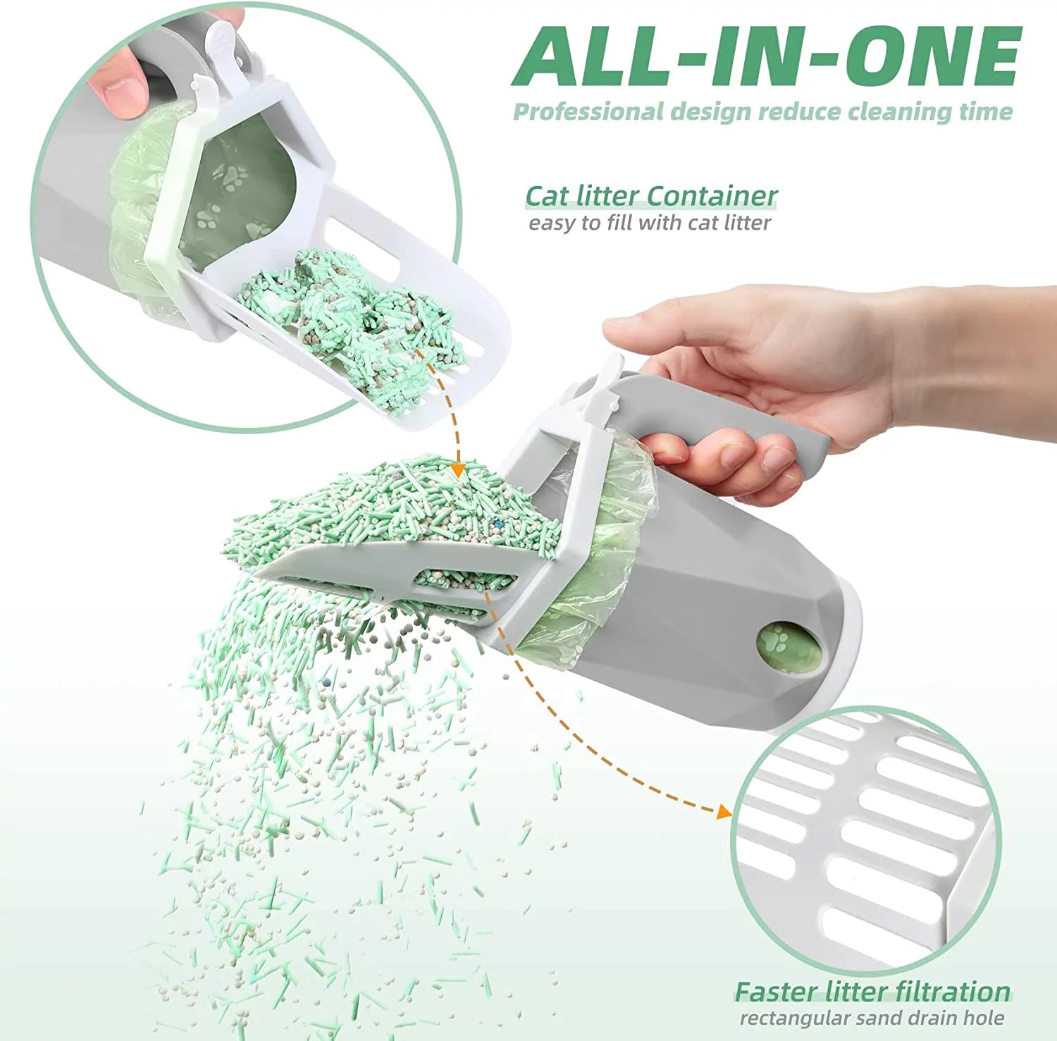 3-in-1 Cat Litter Scoop with Holder - Large Portable Integrated Scooper with 200 Refill Bags for Cats and Kittens (Gray)