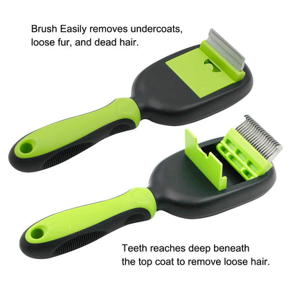 5-in-1 Professional Pet Grooming Comb Set for Dogs and Cats - Includes Massage Brush, Pin Brush, Bristle Brush, Hair Removal Comb, and Open Knot Comb in Green