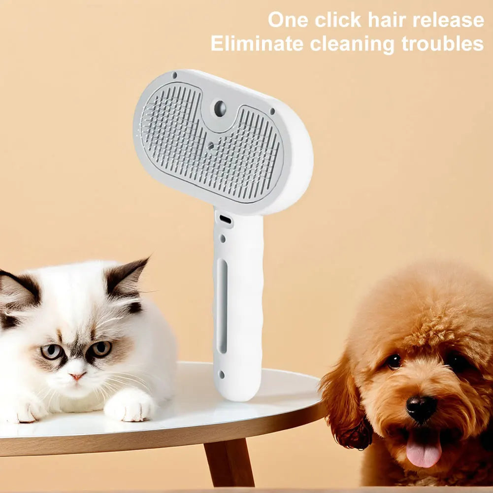 3-in-1 Rechargeable Cat Grooming Steam Brush with Release Button for Shedding and Hair Removal