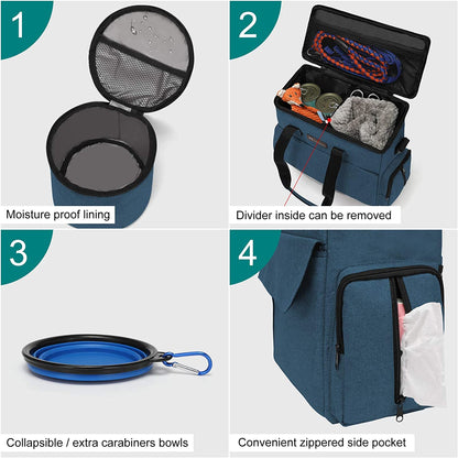 Premium Dog Travel Bag - Weekend Pet Travel Set for Dogs and Cats, Airline-Approved Tote with Multi-Function Pockets, 2 Food Storage Containers, 2 Collapsible Bowls, and 1 Feeding Mat (Blue)