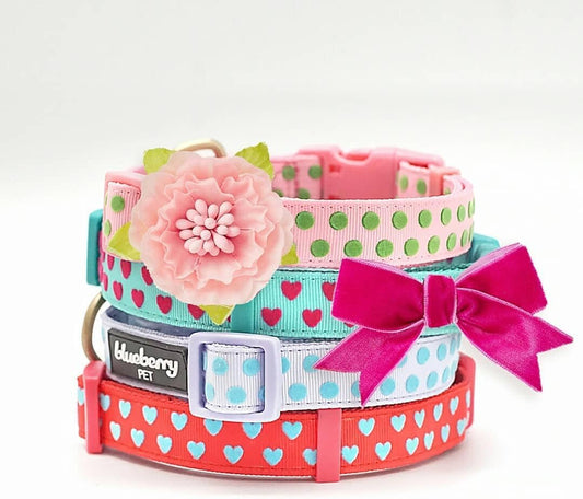Adjustable Flocking Dog Collar with Silk Flower and Polka Dot Design in Baby Pink, Large Size (Neck 18-26") - Ideal for Small Dogs and Female Canines