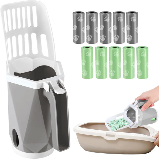3-in-1 Cat Litter Scoop with Holder - Large Portable Integrated Scooper with 200 Refill Bags for Cats and Kittens (Gray)