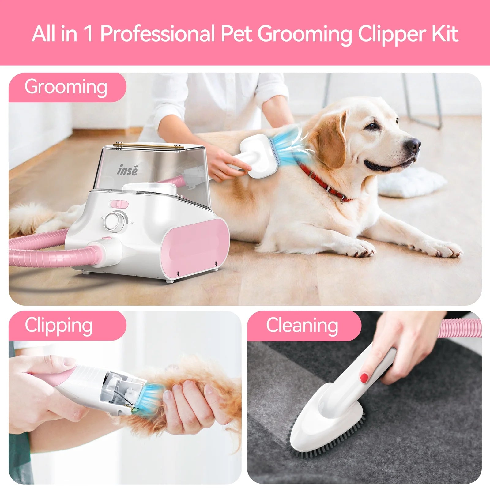 INSE Professional Pet Grooming Vacuum Kit, 4.5L Large Capacity with 5-In-1 Ultra-Low Noise Technology for Dogs and Cats