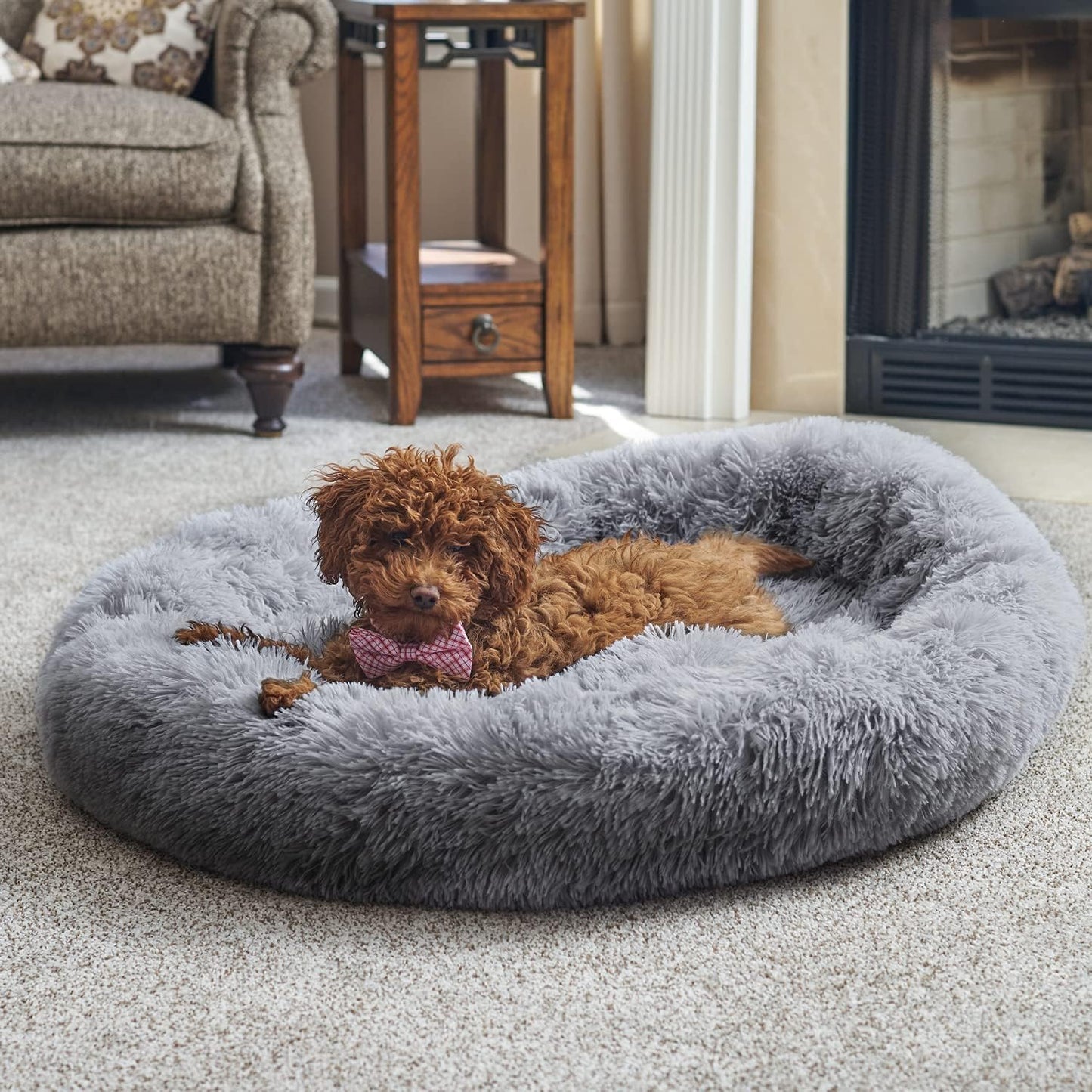Medium Self-Warming Plush Round Pet Bed for Dogs and Cats - Grey