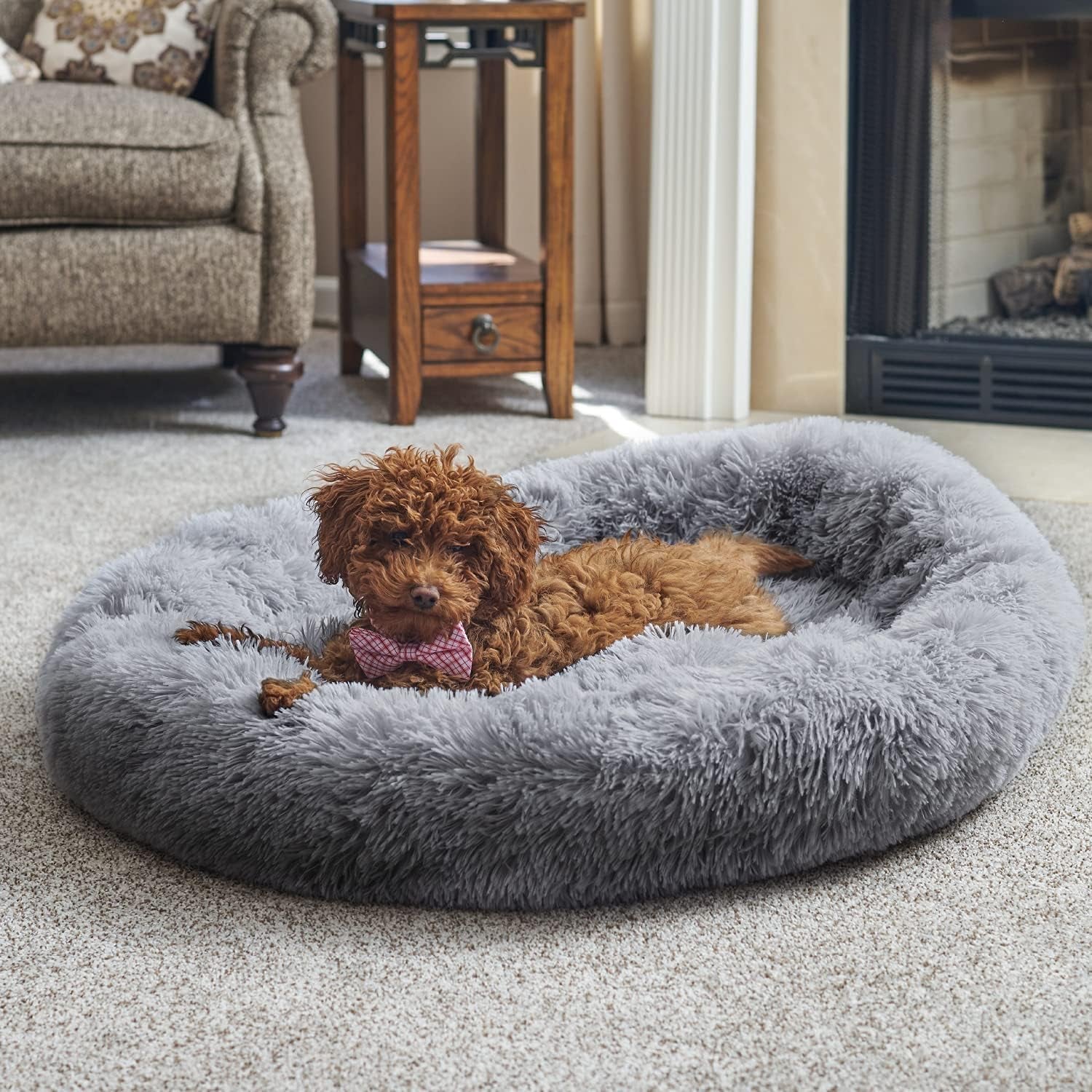 Medium Self-Warming Plush Round Pet Bed for Dogs and Cats - Grey
