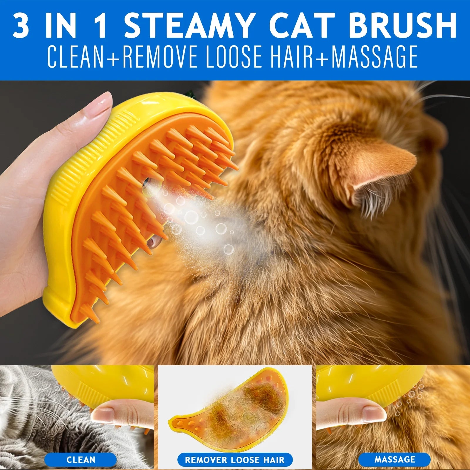 Professional Cat and Dog Steam Brush with Self-Cleaning Slicker for Effective Pet Hair Removal - Blue