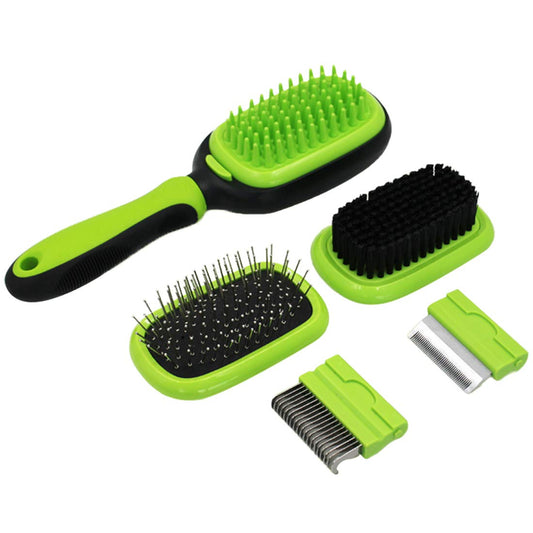 5-in-1 Professional Pet Grooming Comb Set for Dogs and Cats - Includes Massage Brush, Pin Brush, Bristle Brush, Hair Removal Comb, and Open Knot Comb in Green