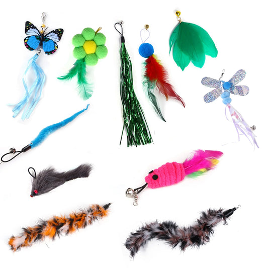 11-Piece Interactive Cat Feather Toy Set with Variety of Feather Refills and Bell Attachments for Kittens and Cats