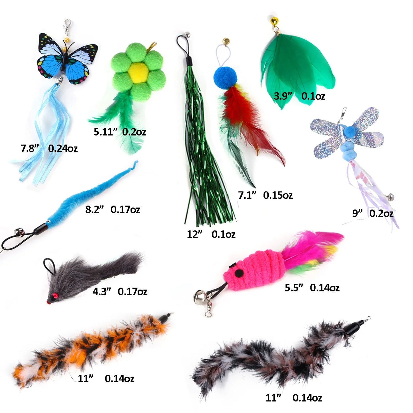 11-Piece Interactive Cat Feather Toy Set with Variety of Feather Refills and Bell Attachments for Kittens and Cats