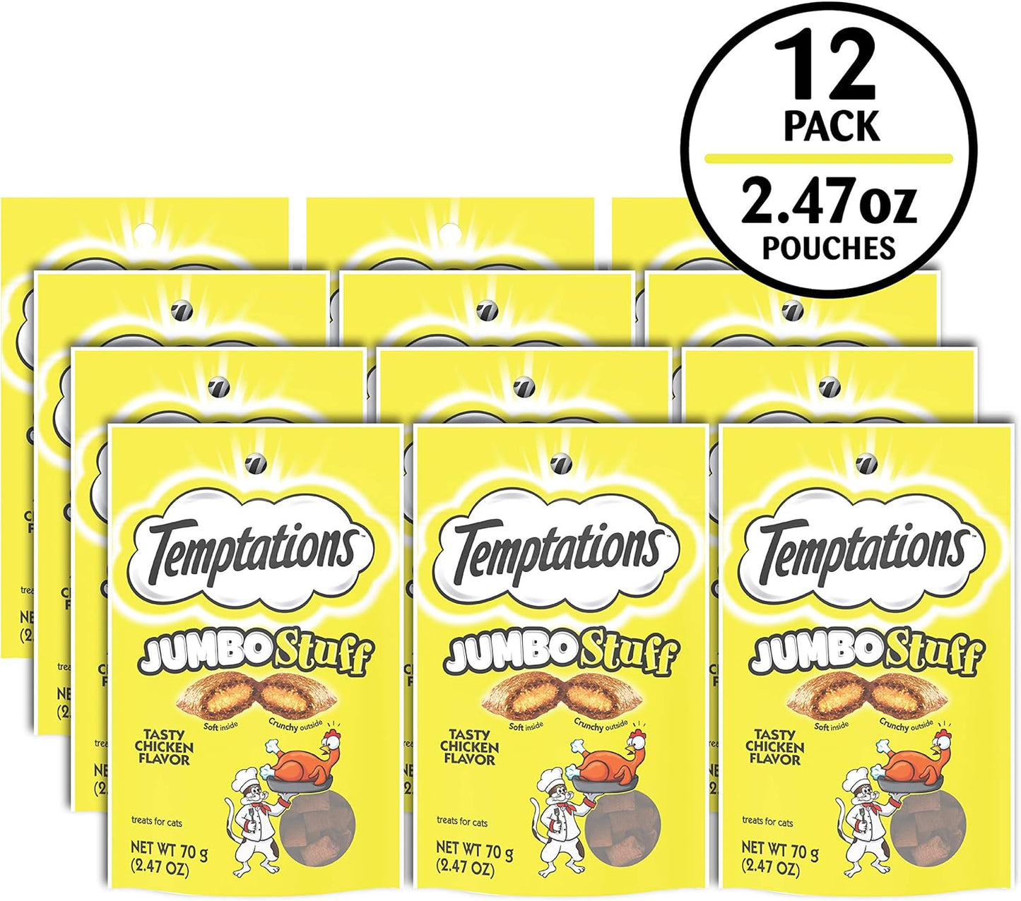 Jumbo Chicken Flavor Cat Treats, Crunchy and Soft, 2.5 Oz Pouch (Pack of 12)