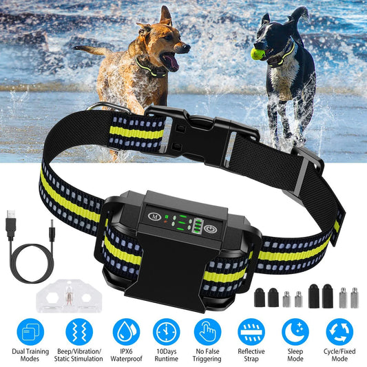 Rechargeable Waterproof Dog Bark Collar with Automatic Identification and Dual Mode Stimulation (Beep, Vibration, Static) - 6 Intensity Levels