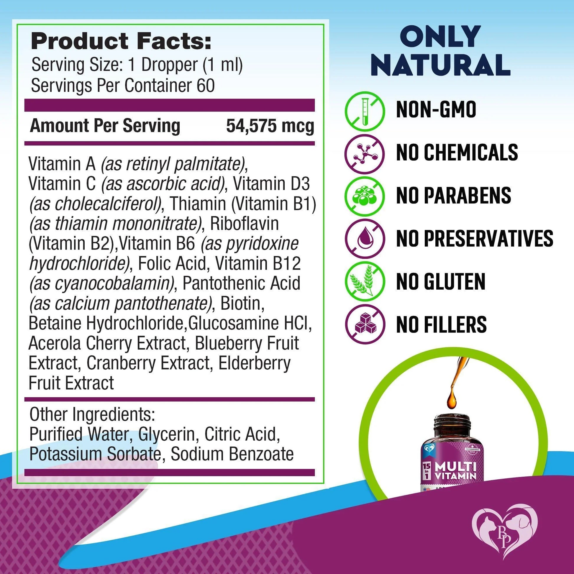 Multivitamin Liquid Supplement for Cats and Dogs with Glucosamine and Cranberry Extract