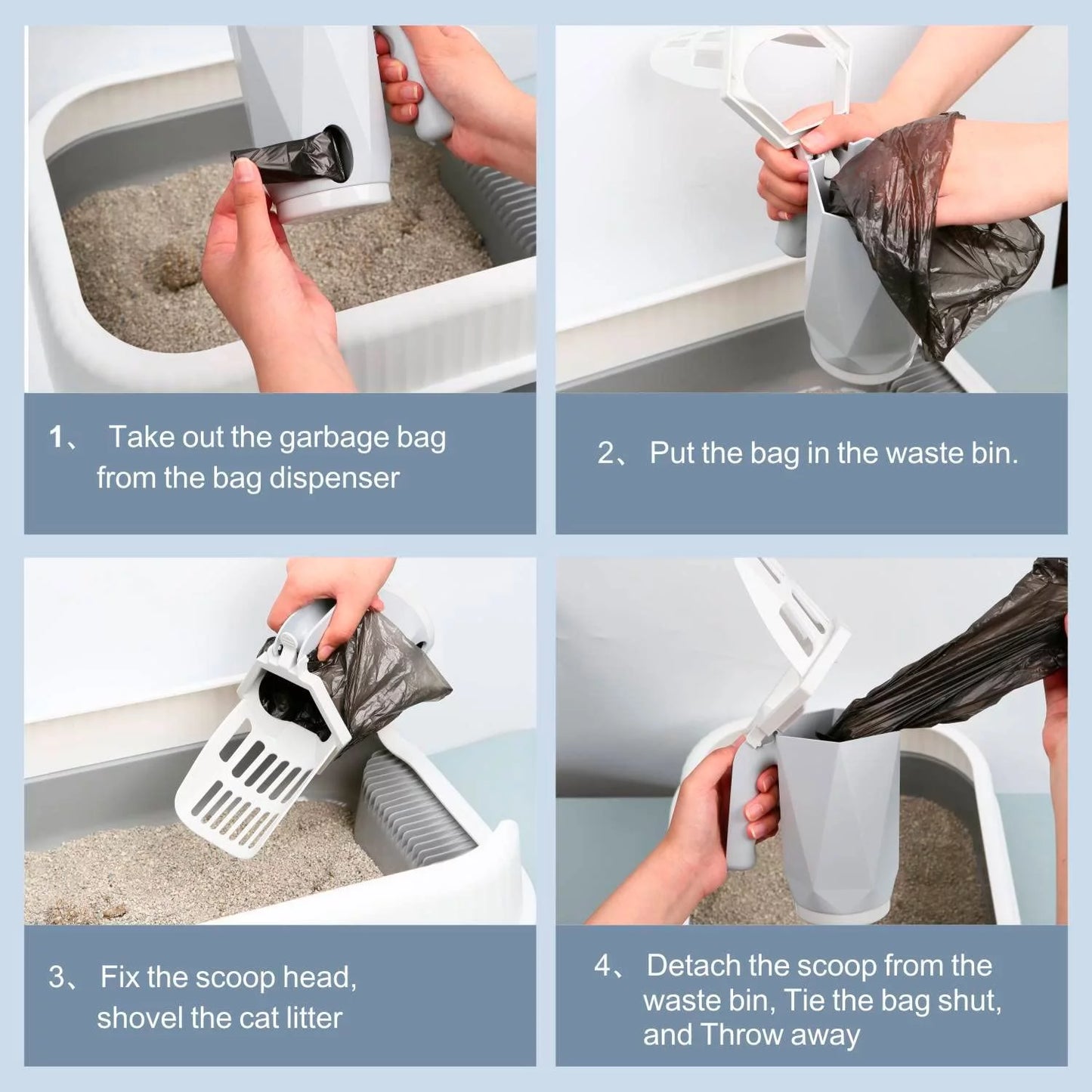 3-in-1 Cat Litter Scoop with Holder - Large Portable Integrated Scooper with 200 Refill Bags for Cats and Kittens (Gray)