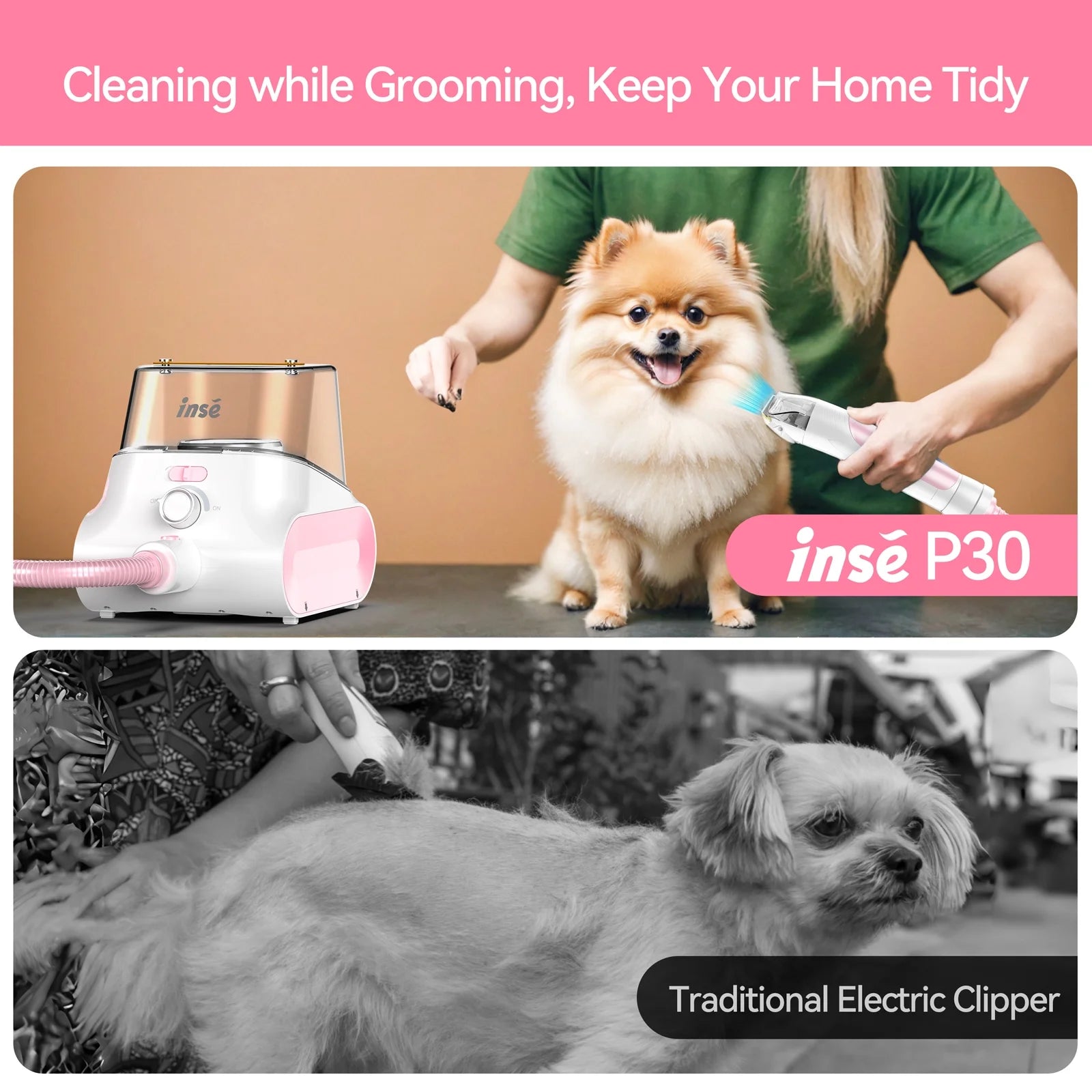 INSE Professional Pet Grooming Vacuum Kit, 4.5L Large Capacity with 5-In-1 Ultra-Low Noise Technology for Dogs and Cats