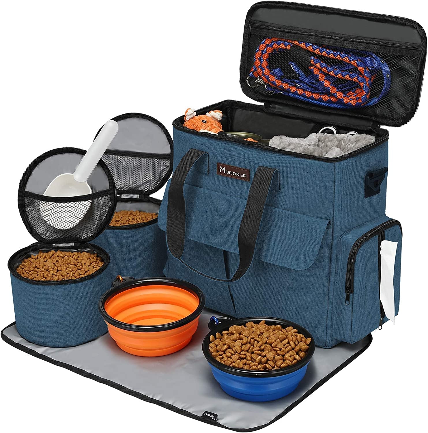 Premium Dog Travel Bag - Weekend Pet Travel Set for Dogs and Cats, Airline-Approved Tote with Multi-Function Pockets, 2 Food Storage Containers, 2 Collapsible Bowls, and 1 Feeding Mat (Blue)