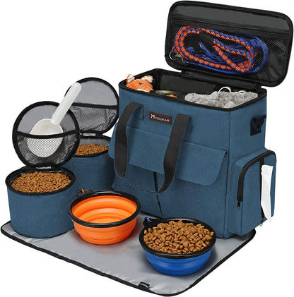 Premium Dog Travel Bag - Weekend Pet Travel Set for Dogs and Cats, Airline-Approved Tote with Multi-Function Pockets, 2 Food Storage Containers, 2 Collapsible Bowls, and 1 Feeding Mat (Blue)