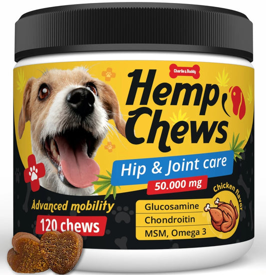 Hemp Hip and Joint Supplement for Dogs - 120 Treats with Glucosamine