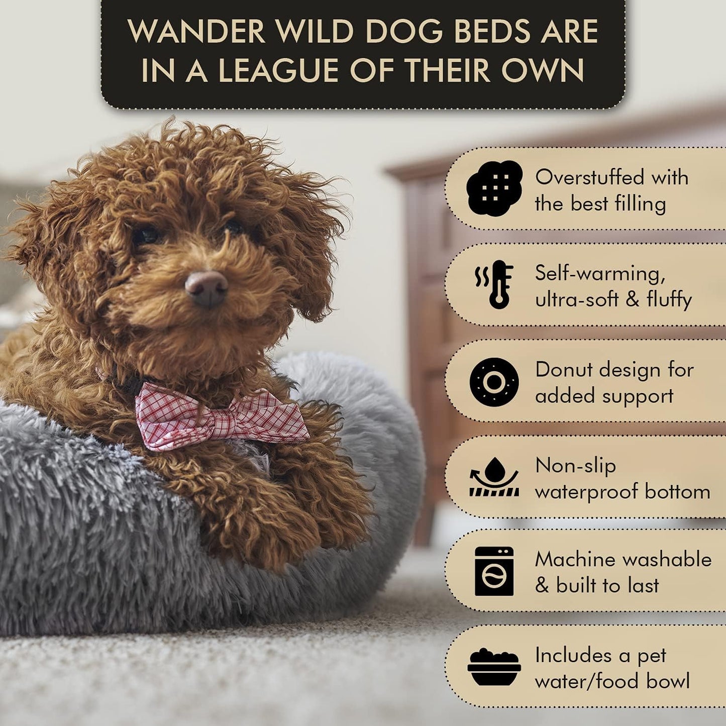 Medium Self-Warming Plush Round Pet Bed for Dogs and Cats - Grey