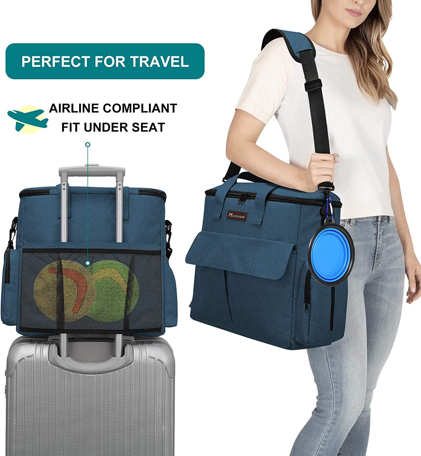 Premium Dog Travel Bag - Weekend Pet Travel Set for Dogs and Cats, Airline-Approved Tote with Multi-Function Pockets, 2 Food Storage Containers, 2 Collapsible Bowls, and 1 Feeding Mat (Blue)