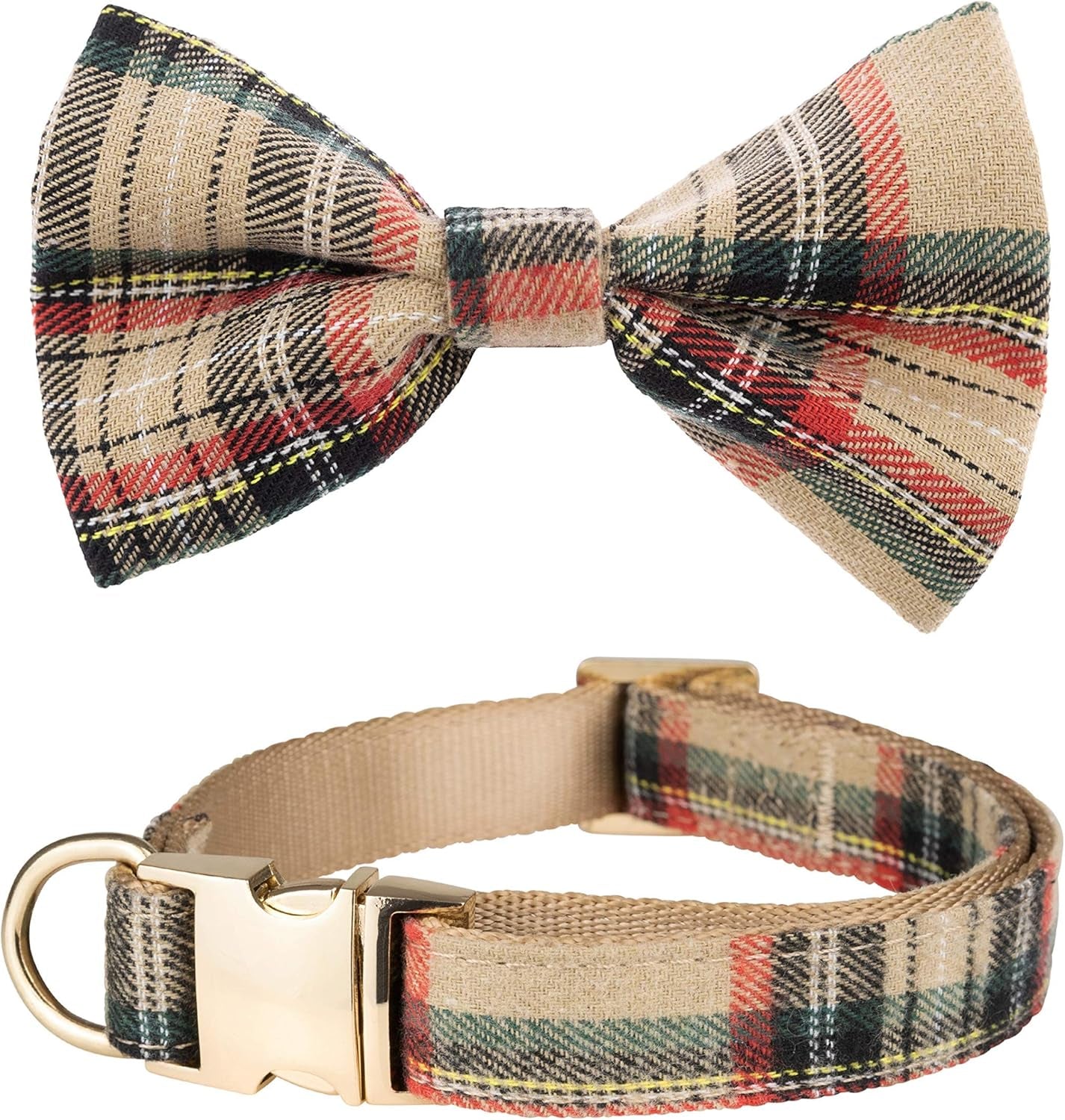Scottish Tartan Dog Collar and Leash Set with Removable Bow Tie, Adjustable Plaid Design for Dogs, Ideal Pet Gift (XS, Beige)