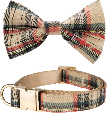 Scottish Tartan Dog Collar and Leash Set with Removable Bow Tie, Adjustable Plaid Design for Dogs, Ideal Pet Gift (XS, Beige)