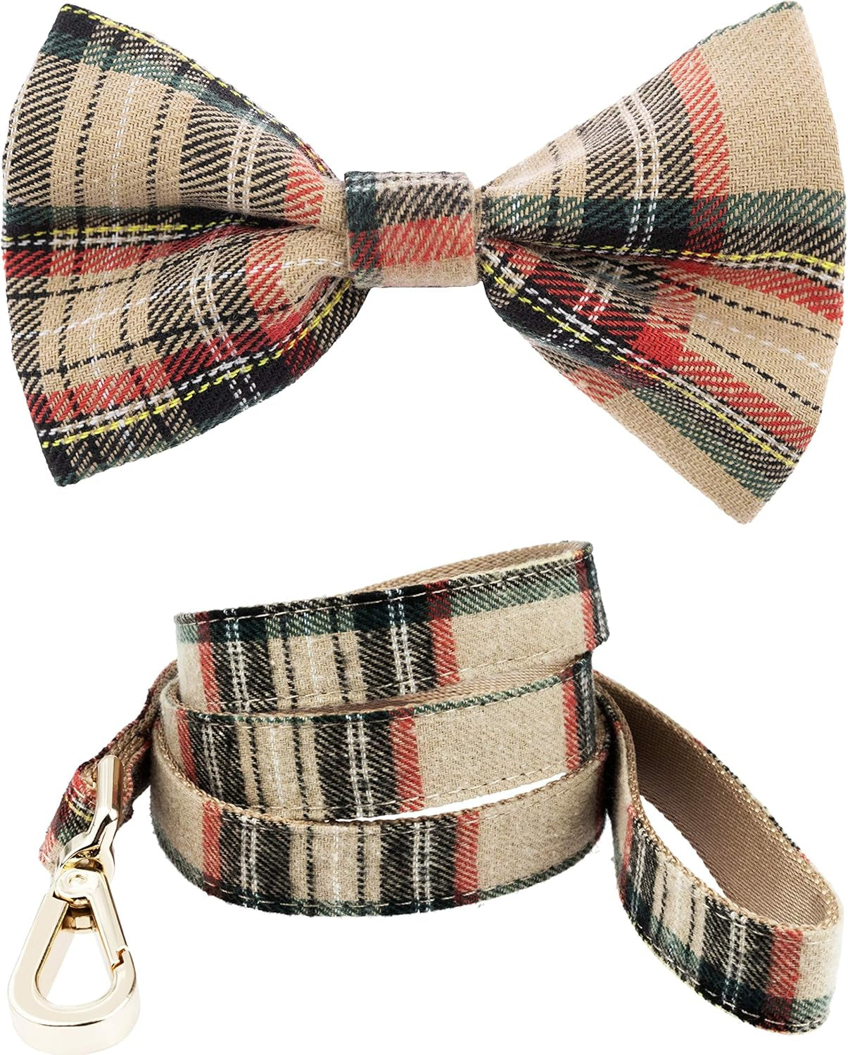 Scottish Tartan Dog Collar and Leash Set with Removable Bow Tie, Adjustable Plaid Design for Dogs, Ideal Pet Gift (XS, Beige)