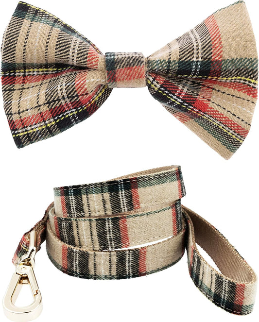 Scottish Tartan Dog Collar and Leash Set with Removable Bow Tie, Adjustable Plaid Design for Dogs, Ideal Pet Gift (XS, Beige)