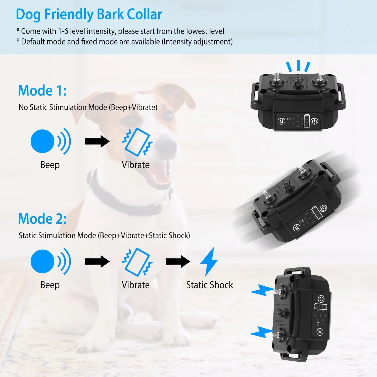 Rechargeable Waterproof Dog Bark Collar with Automatic Identification and Dual Mode Stimulation (Beep, Vibration, Static) - 6 Intensity Levels