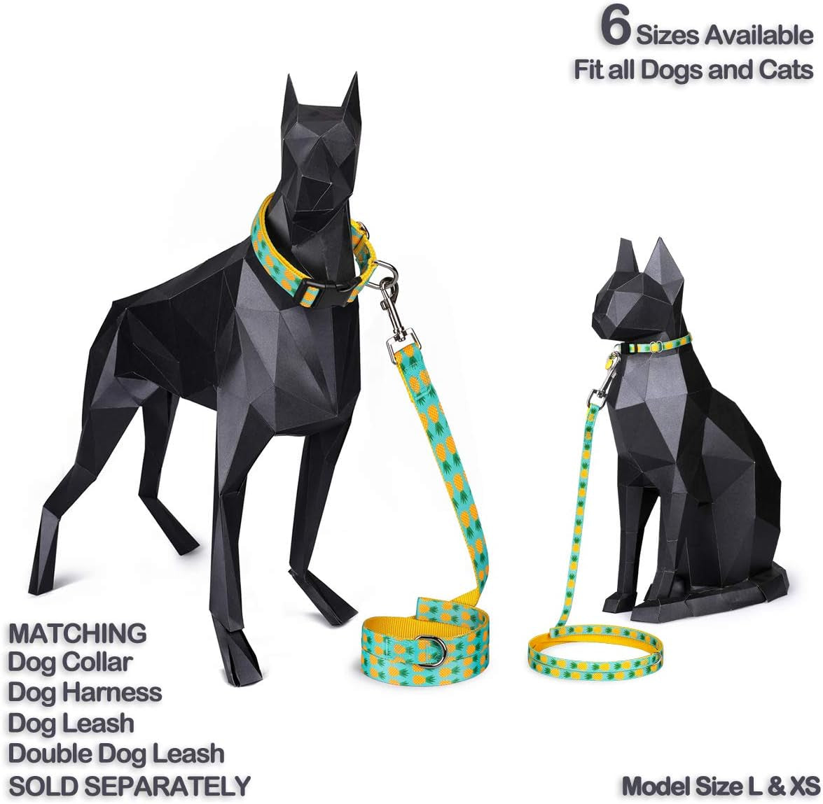 Tropical Pineapple Cat and Dog Collar and Leash Set for Cats, Puppies, and Small to Large Dogs