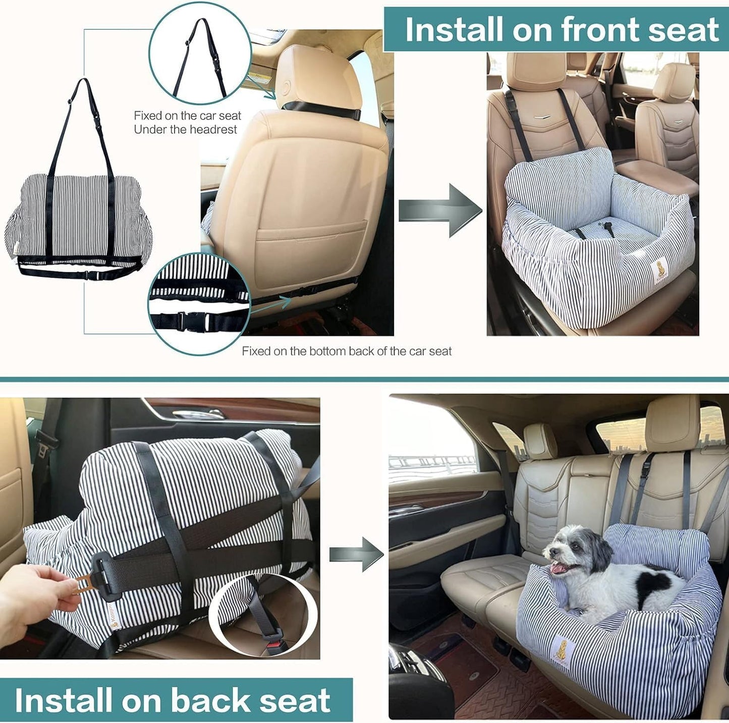 Premium Dog Car Seat for Small Breeds, Fully Detachable and Washable Booster Seat with Storage Pockets and Safety Leash, Non-Slip Base for Dual Use in Car and Home (Blue)