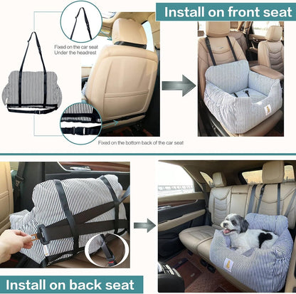 Premium Dog Car Seat for Small Breeds, Fully Detachable and Washable Booster Seat with Storage Pockets and Safety Leash, Non-Slip Base for Dual Use in Car and Home (Blue)