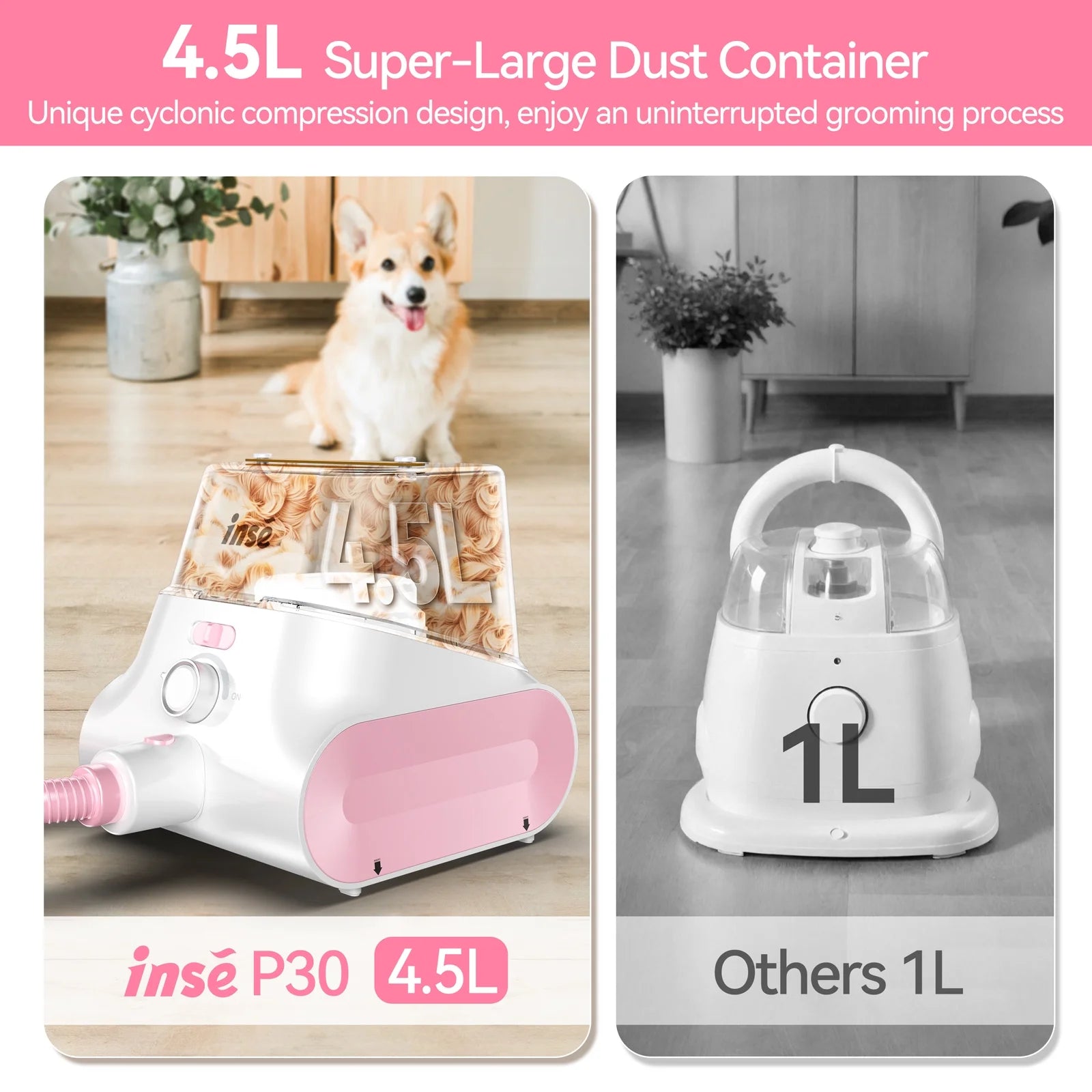 INSE Professional Pet Grooming Vacuum Kit, 4.5L Large Capacity with 5-In-1 Ultra-Low Noise Technology for Dogs and Cats