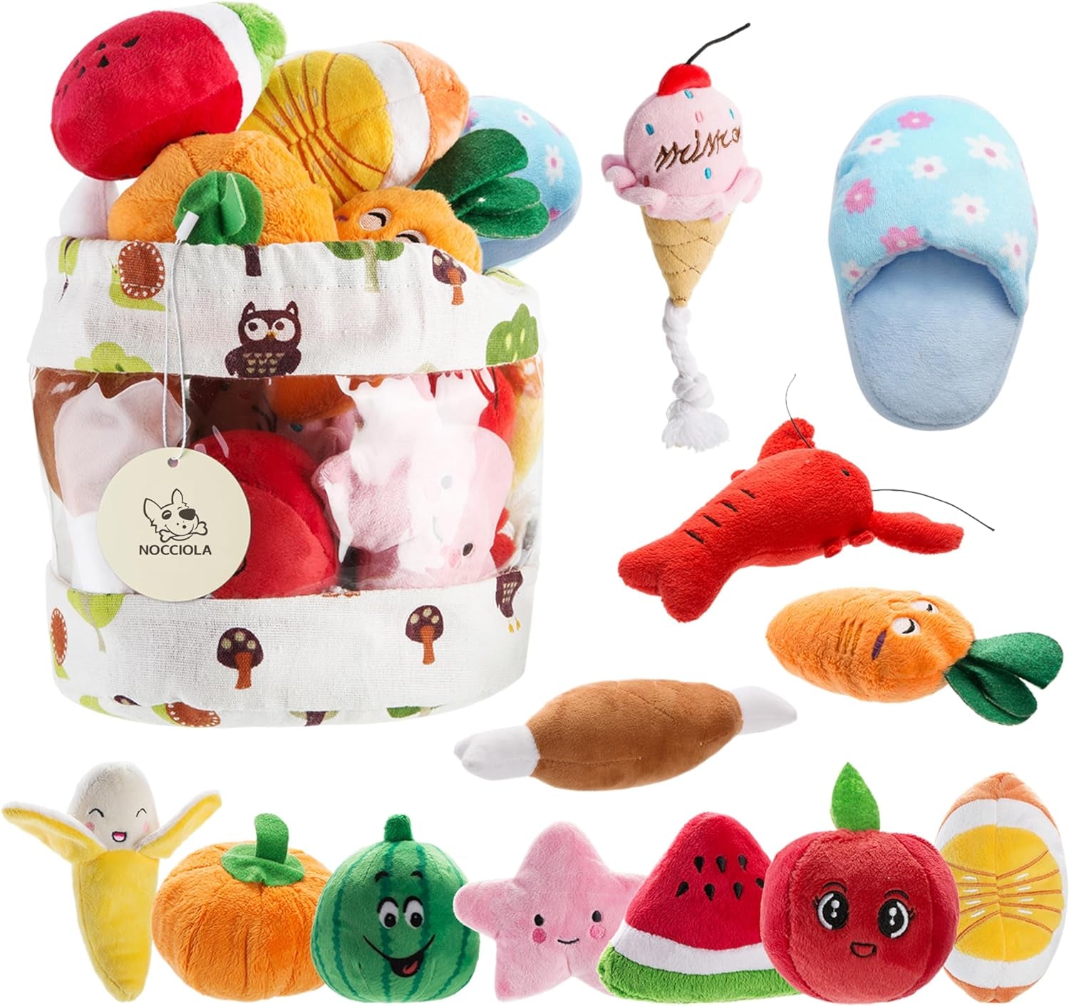 Plush Squeaky Dog Toy Set for Small to Medium Breeds - 12 Pieces with Carrying Bag