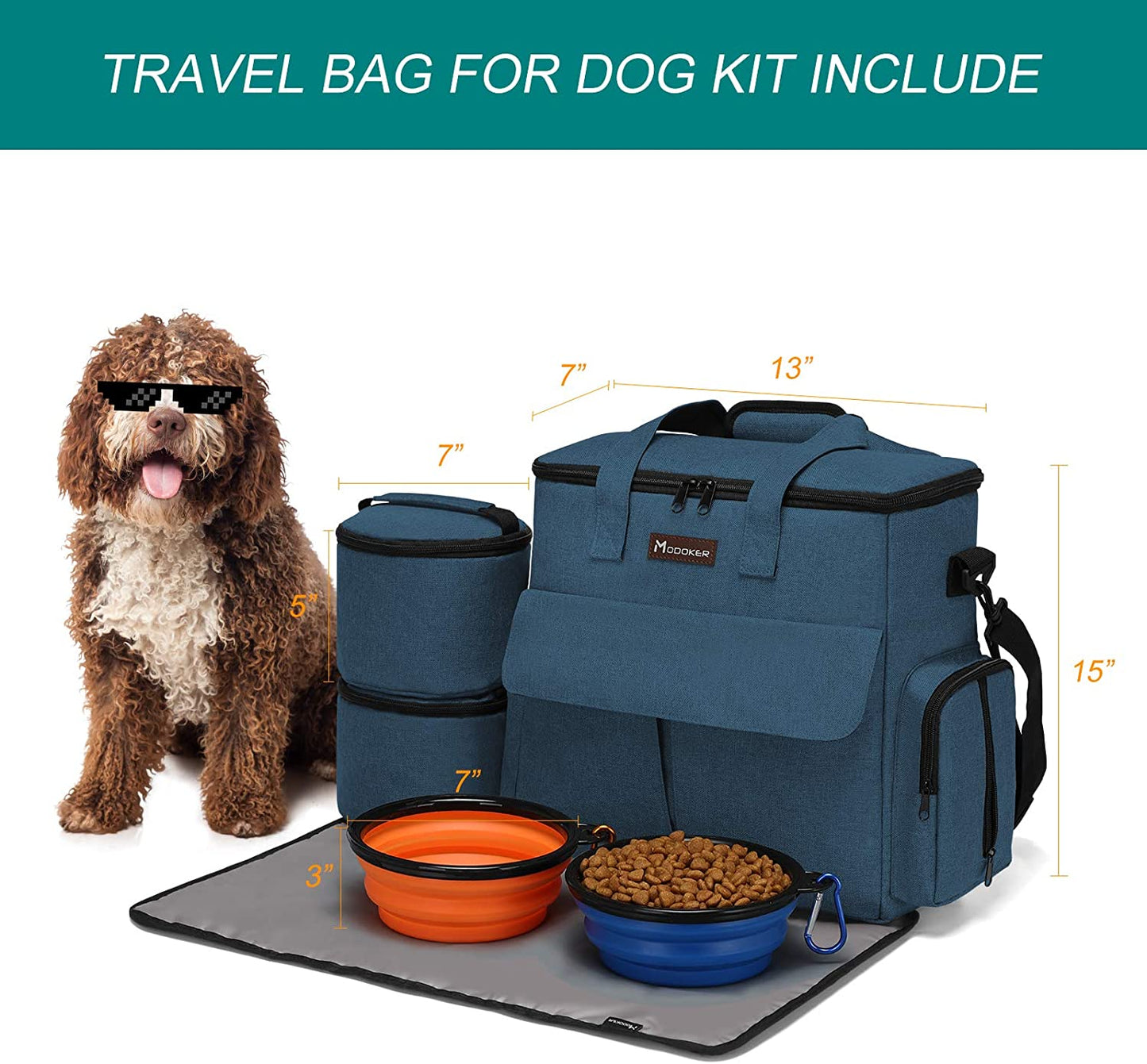 Premium Dog Travel Bag - Weekend Pet Travel Set for Dogs and Cats, Airline-Approved Tote with Multi-Function Pockets, 2 Food Storage Containers, 2 Collapsible Bowls, and 1 Feeding Mat (Blue)