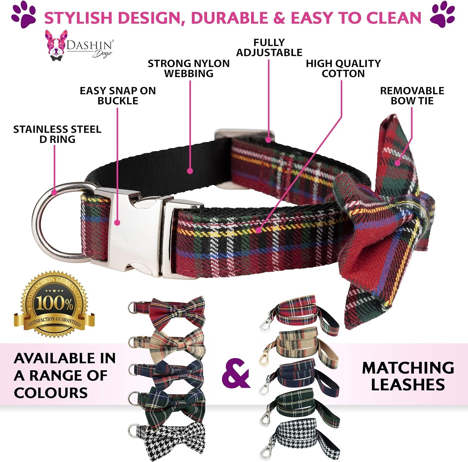 Scottish Tartan Dog Collar and Leash Set with Removable Bow Tie, Adjustable Plaid Design for Dogs, Ideal Pet Gift (XS, Beige)