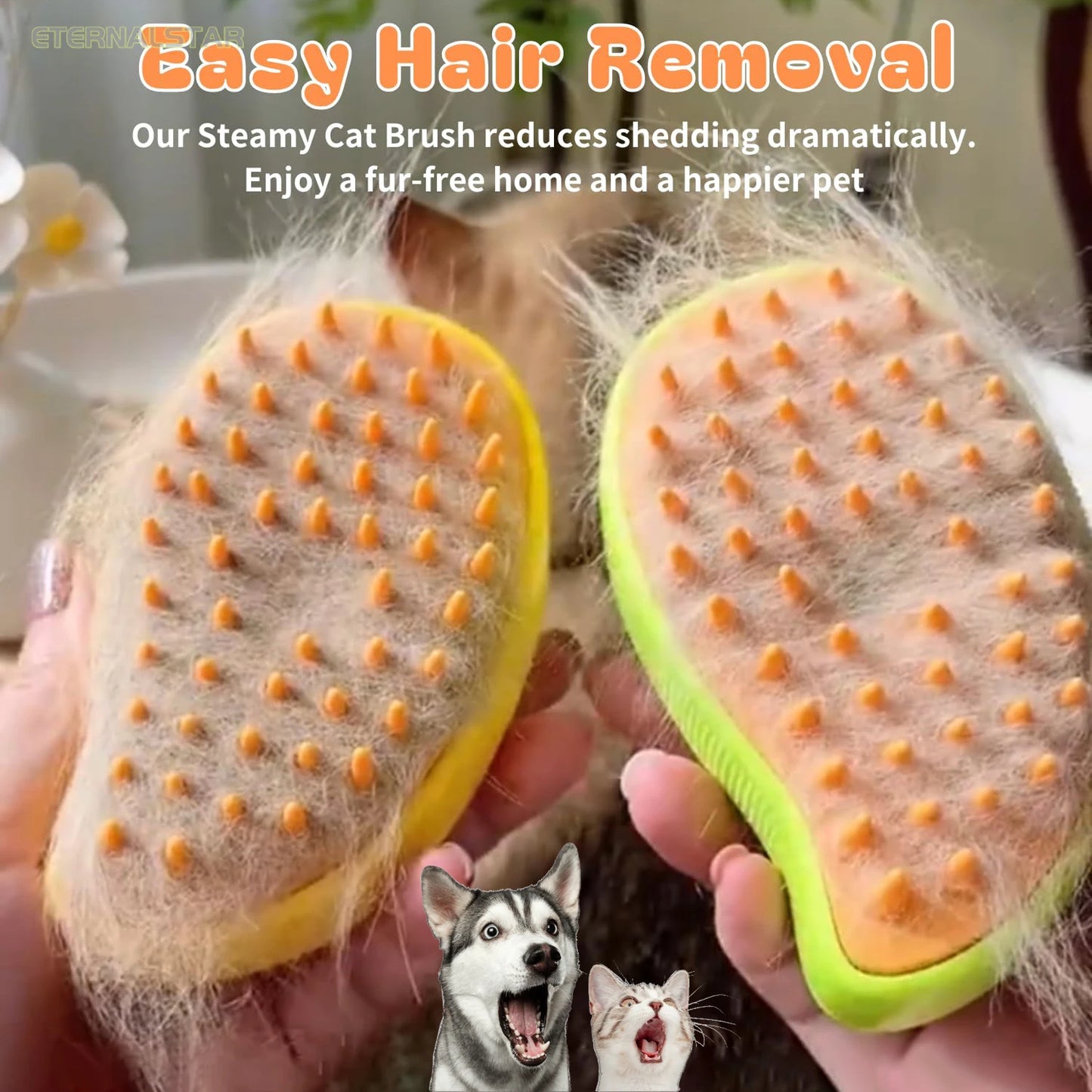 3-in-1 Steam Cat Grooming Brush with Self-Cleaning Function for Knot and Loose Hair Removal