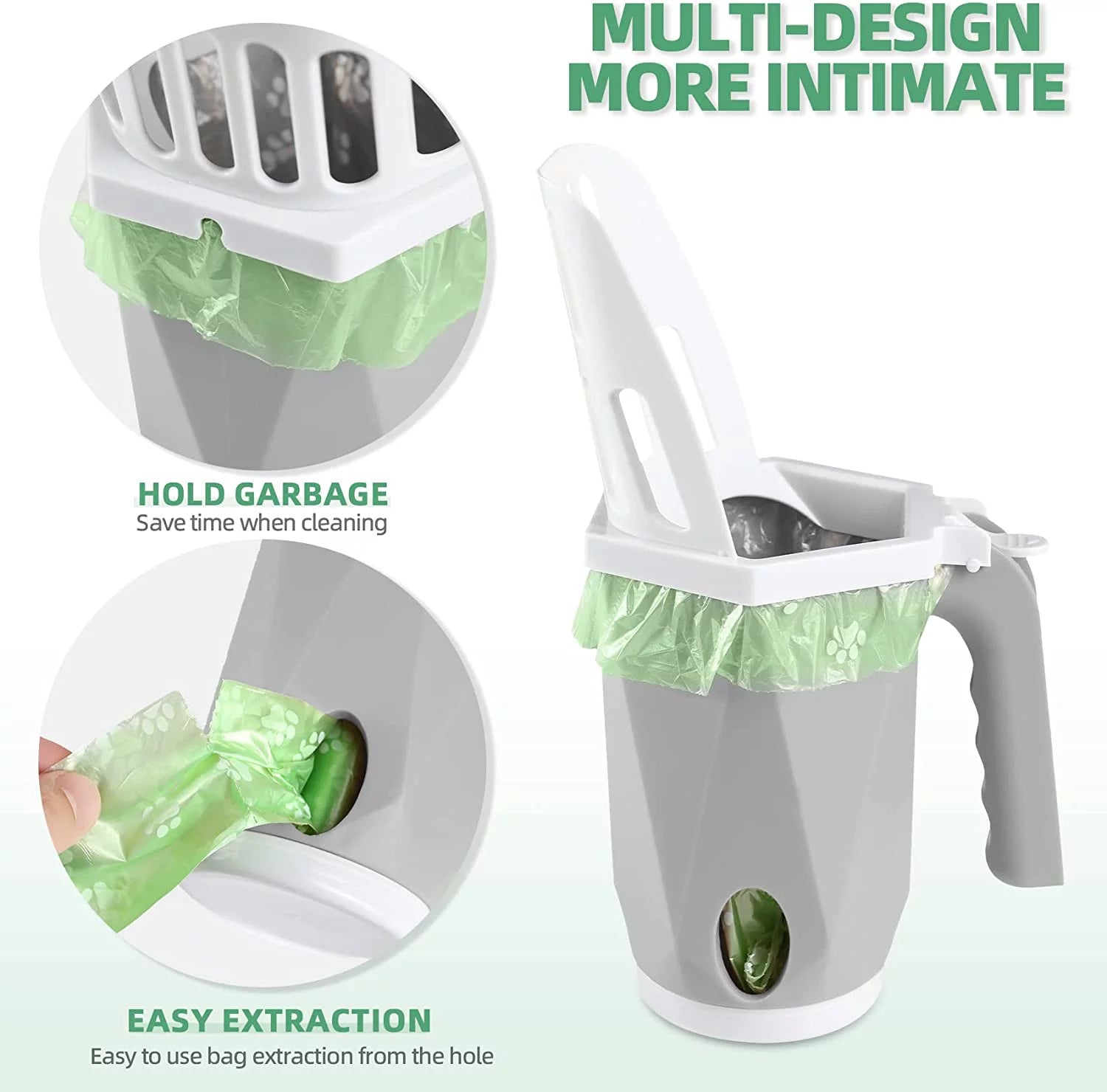 3-in-1 Cat Litter Scoop with Holder - Large Portable Integrated Scooper with 200 Refill Bags for Cats and Kittens (Gray)