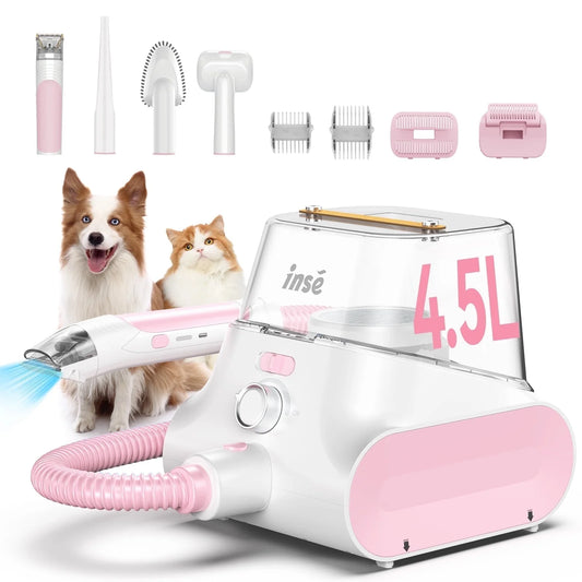 INSE Professional Pet Grooming Vacuum Kit, 4.5L Large Capacity with 5-In-1 Ultra-Low Noise Technology for Dogs and Cats